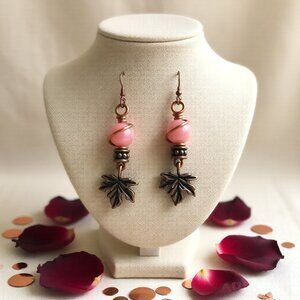 North Country Girl Dangle Earrings - Maple Leafs + Pink Agate Danglers